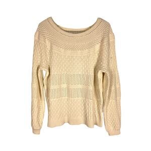 Talbots Women's Cream Knit Round Neckline Pullover Crochet Sweater‎ Size Large